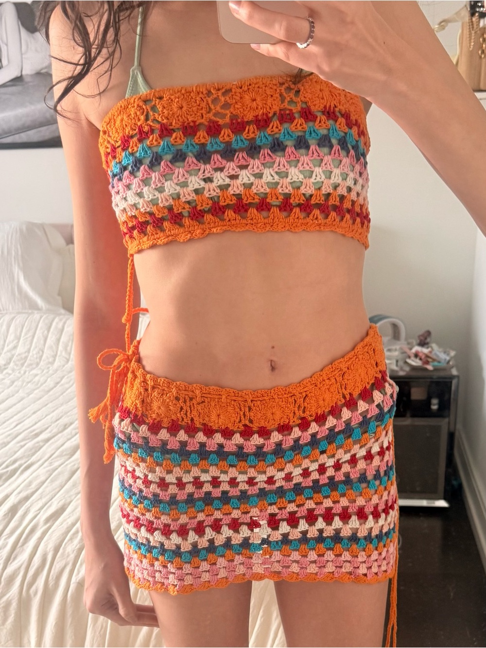 Handmade Orange Crochet Two-Piece Set - Multicolor Stripes